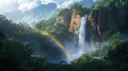 Fototapeta premium A waterfall cascading down a steep cliff, with a rainbow visible in the mist at the base, surrounded by dense greenery.