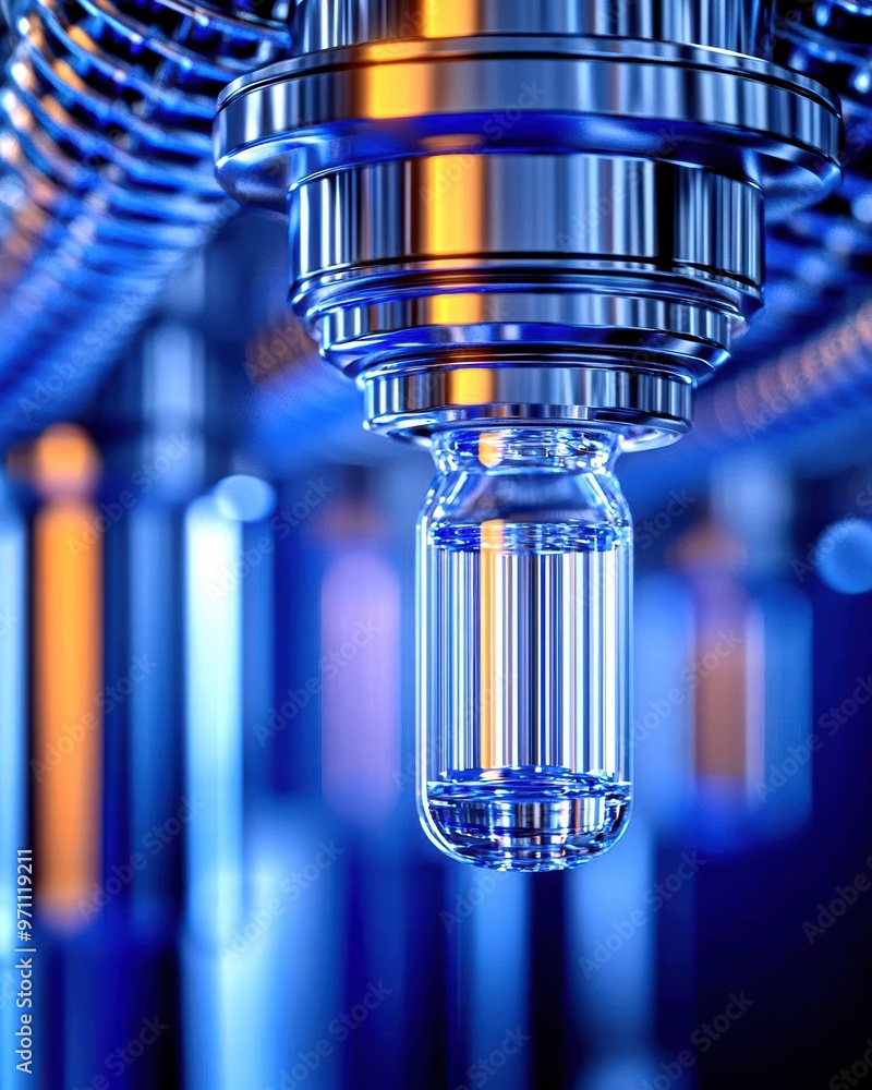 Poster close-up of a futuristic metallic injector showcasing intricate design and bright reflections in a h