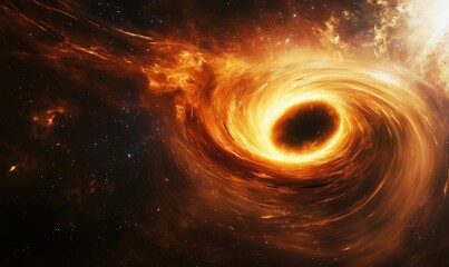 A black hole is shown in the center of the image, surrounded by a bright orange and yellow swirl of gas. Concept of awe and wonder at the vastness and complexity of the universe