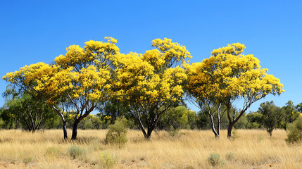 A cluster of acacia trees with bright yellow flowers, standing resilient in the dry and sandy Outback environment 