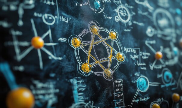 A blackboard with a drawing of a molecule and equations. The drawing is of a molecule with a yellow center and blue and orange circles surrounding it. The equations are written in a messy