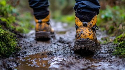 Hiking Boots in Mud on Forest Trail