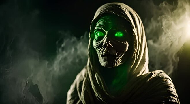 scary spooky mummy with glowing green eyes on a dark smoky background
