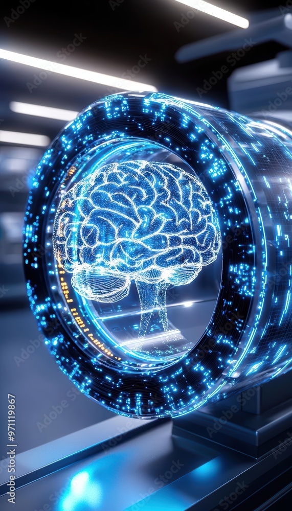 Poster futuristic illustration of a digital brain in a glowing container, symbolizing artificial intelligen