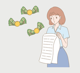 Young woman holding giant task list, long paper document, shopping bill, tax invoice with shocked gesture. Money flying behind. Hand drawn flat cartoon character vector illustration.