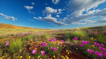 Obraz premium A wide shot of vibrant desert wildflowers blooming in the arid landscape of the Australian Outback 