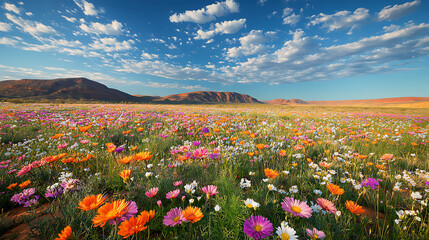 A wide shot of vibrant desert wildflowers blooming in the arid landscape of the Australian Outback  © aun
