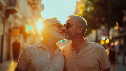 portrait of two senior men walking and kissing