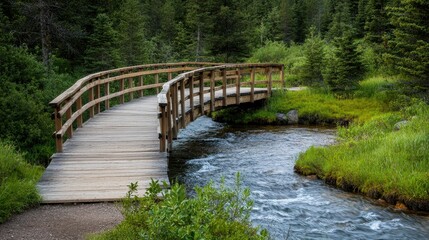 A wooden pedestrian bridge curving over a winding river in a national park.