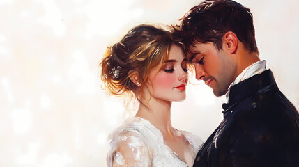 Regency era couple portrait isolate on white. novel book cover painting. Victorian Era. Illustration