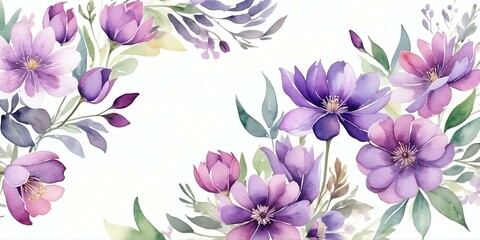 pretty purple theme flowers on pastel white background, concept for banner, watercolor style