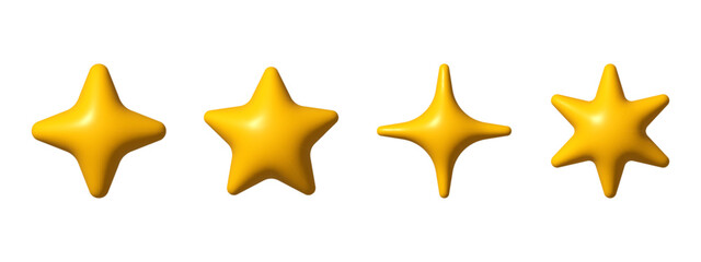 3D yellow stars of different shapes, inflatable stars, volumetric. Realistic 3d design cartoon style. Decorative stars elements for New Year and Christmas designs. Vector illustration