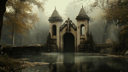 Fototapeta premium A castle with a large archway and a pond in front of it. The pond is full of water and leaves