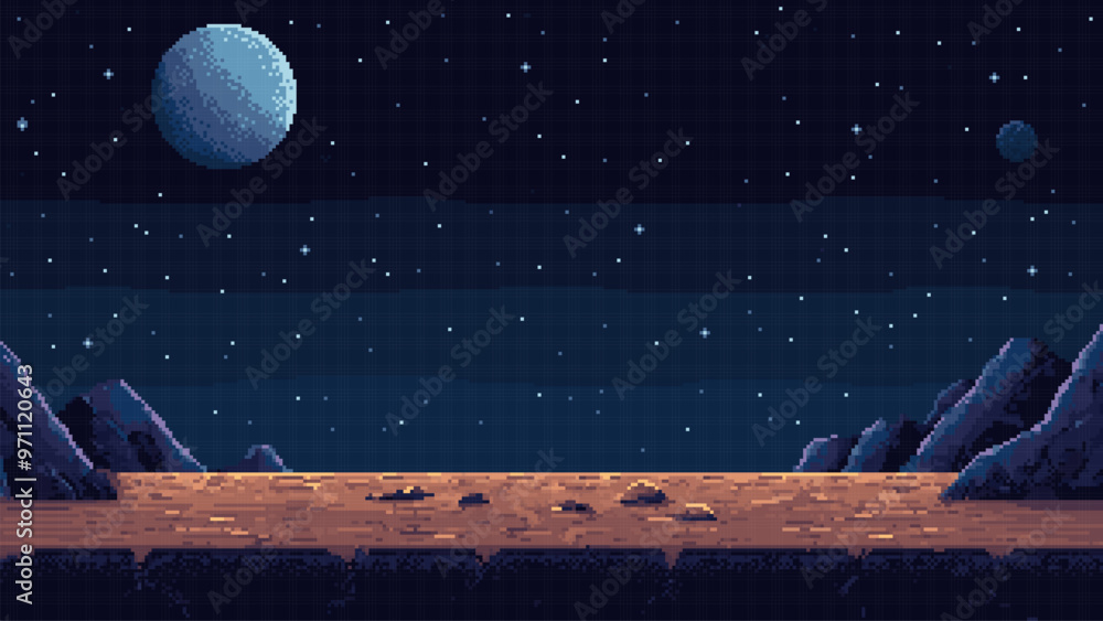 Poster pixel art space game level background, 8 bit retro style video game. planet surface with rocks. star