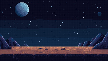 pixel art space game level background, 8 bit retro style video game. Planet surface with rocks. Starry sky with planets. Vector illustration © hiten666