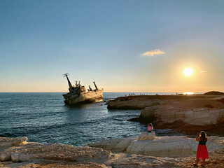 Shipwreck Edro III near Paphos Cyprus at sunset