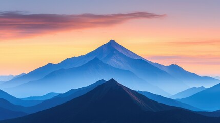 Breathtaking view of majestic mountains at sunset, showcasing vibrant colors and layered peaks in a serene landscape.