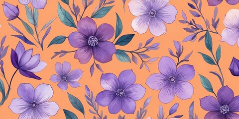 Obraz premium pretty purple theme flowers on pastel orange background, concept for banner, watercolor style