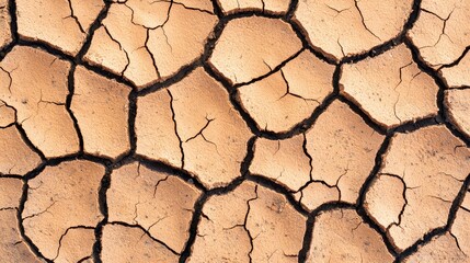 Close-up of a dry, cracked earth surface, depicting patterns formed by drought and soil erosion in a natural landscape.