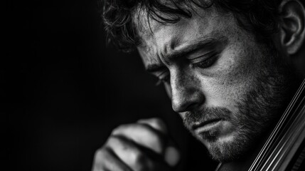 A high-contrast black-and-white portrait of a musician holding their instrument, looking thoughtful