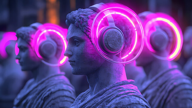 Rows of stone angle statues with digital light effects and a neon halo, wearing headphones. Renaissance. Illustration