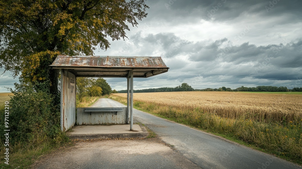 Poster an empty bus stop on a rural road, surrounded by fields and trees, under a cloudy sky.