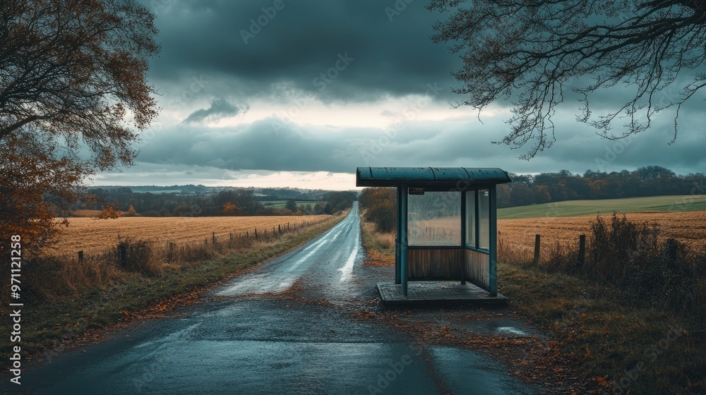 Poster an empty bus stop on a rural road, surrounded by fields and trees, under a cloudy sky.