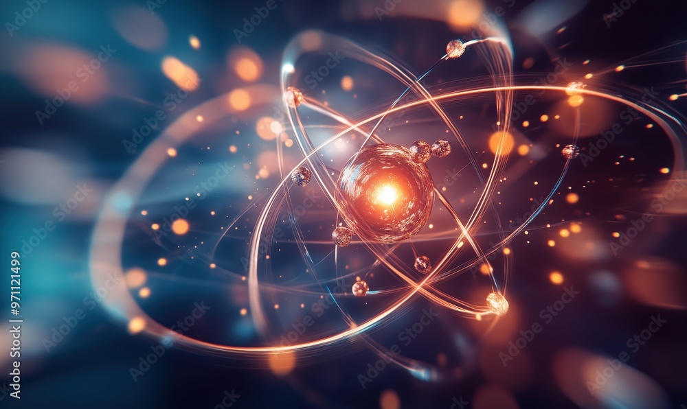Poster a colorful, abstract image of a glowing sphere surrounded by a series of smaller spheres. concept of