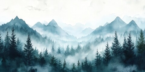 Fototapeta premium A serene watercolor painting of a misty forest with towering trees and distant mountains, creating a tranquil and dreamy atmosphere perfect for nature-inspired designs, wall art, or calming visual pro