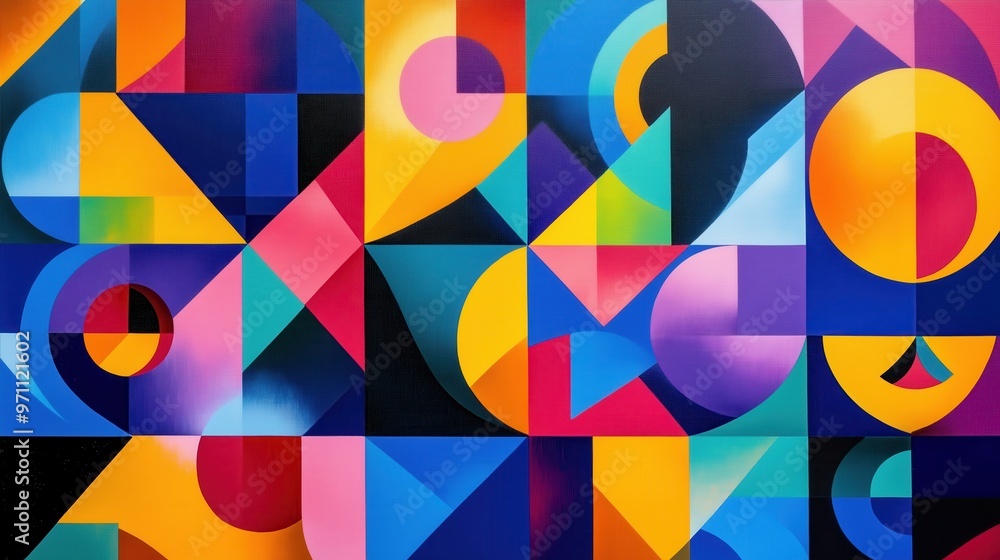 Poster a colorful abstract painting with many different shapes and colors. the painting is full of energy a