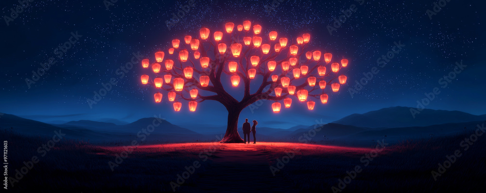 Poster a magical tree illuminated by lanterns, creating a romantic atmosphere under the night sky with a co