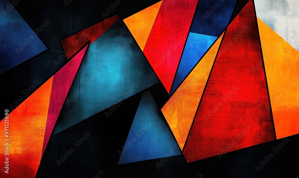Poster a colorful abstract painting with triangles and squares. the colors are bright and bold, creating a 