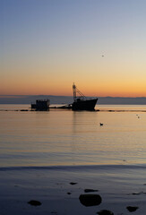 a sunken ship on a beach at sunset in Chile