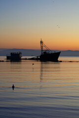 a sunken ship on a beach at sunset in Chile