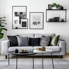 modern living room design with white sofa,interior of modern living room with grey sofa, shelving unit, coffee table and pictures on white wall isolated on white background, photo, png

