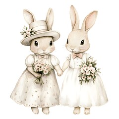 Obraz premium Watercolor Illustration of Two Bunnies in Wedding Dresses