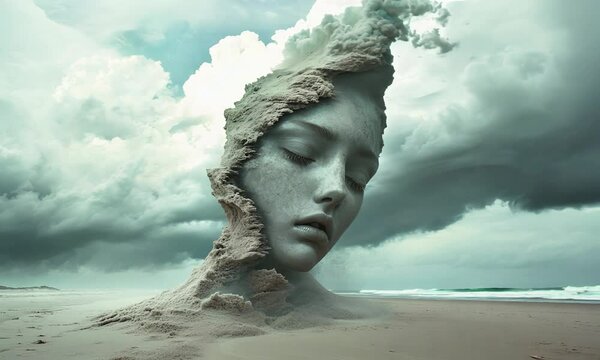 Surreal fashion dramatic shoot sand face on the ocean.