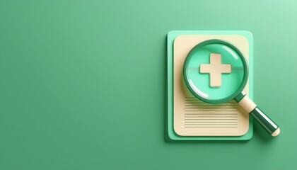 A magnifying glass over a green medical document with a cross symbol, ideal for health-related themes and medical research.