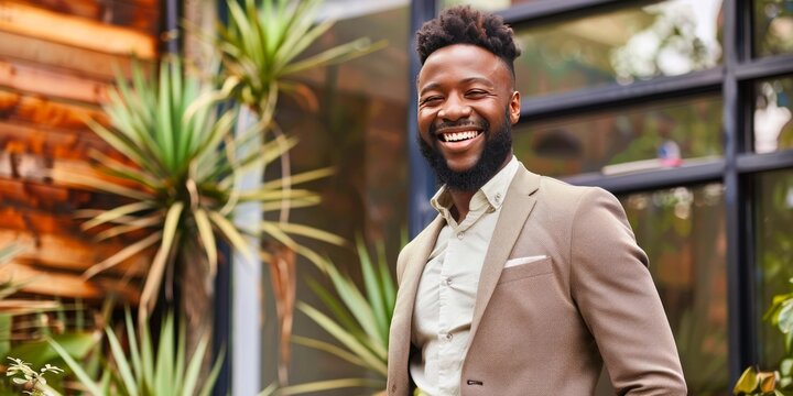 Smiling African American man in a business suit standing in a modern outdoor setting with plants.