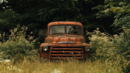Obraz premium An old, rusty truck abandoned in a field, overgrown with weeds and surrounded by nature.