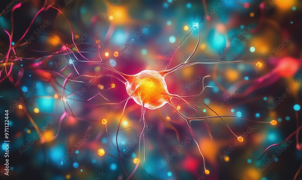 Aufkleber a colorful brain with many strands of neurons. the image is abstract and has a dreamy, surreal quali