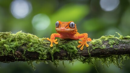 Obraz premium A vibrant orange frog perched on a moss-covered branch in a lush forest environment.