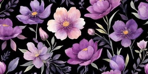 pretty purple theme flowers on pastel black background, concept for banner, watercolor style