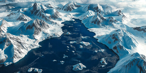 A bird's eye view of the Arctic, snow-covered mountains and glaciers in shades of blue, photorealistic