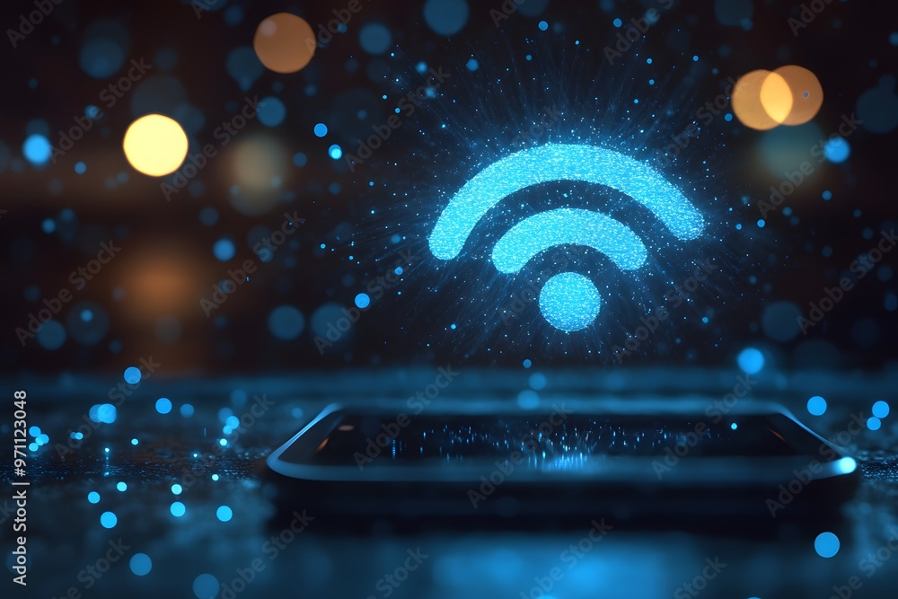 Poster blue wifi signal icon on smartphone with bokeh background