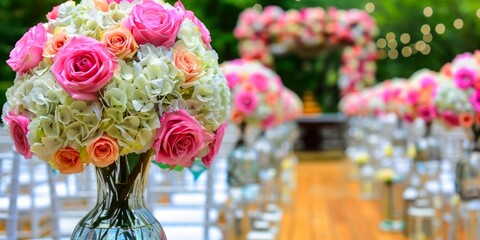 Elegant wedding aisle adorned with vibrant bouquets of pink and white roses under soft, twinkling fairy lights.