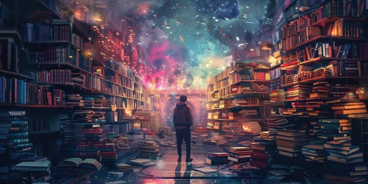 A lone figure explores a whimsical library filled with colorful books and starry cosmic lights on a quiet evening. Generative AI