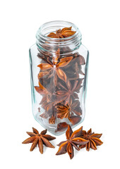 Anise stars in glass jar isolated on white