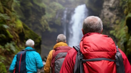 Senior hikers on a nature trek, walking through a lush green forest and approaching a scenic waterfall in the background..
