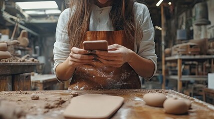 A woman uses her phone in a pottery studio. This photo can be used to illustrate articles about pottery, craft, or small business.